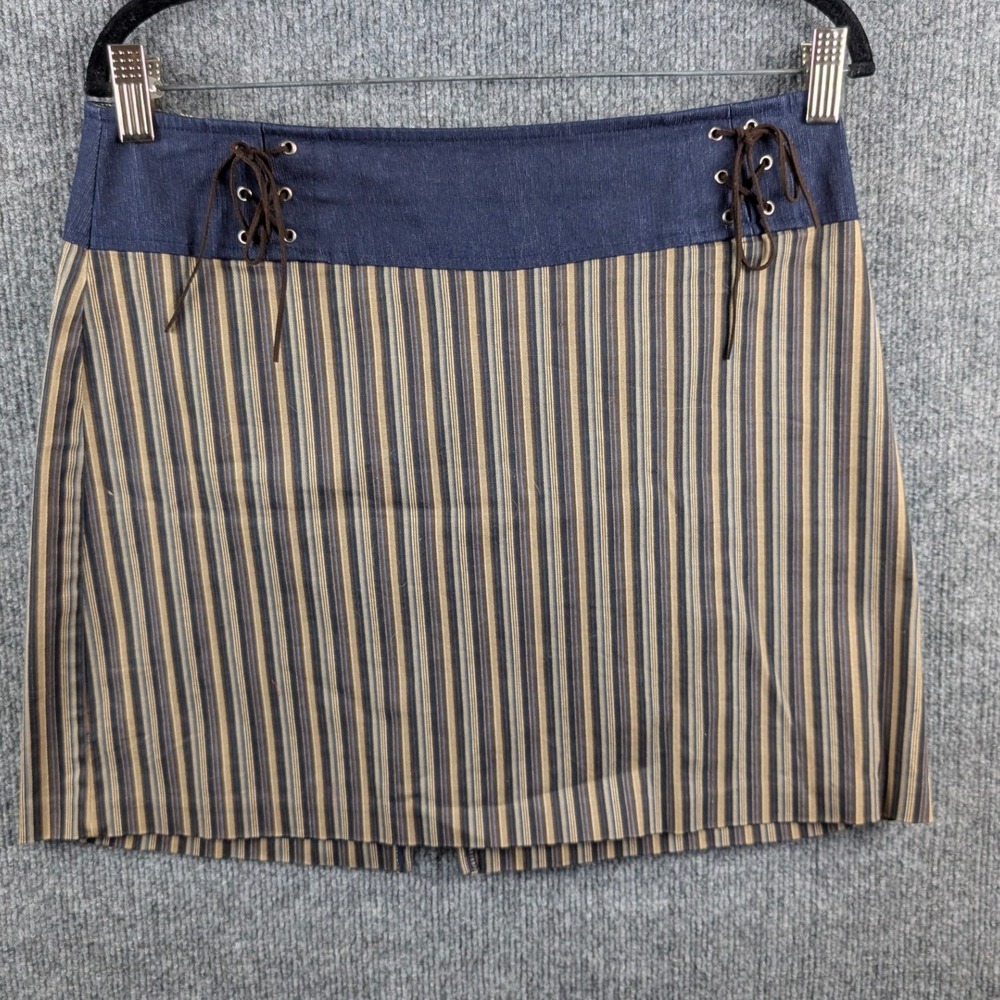 Vintage y2K Wrapper Striped Mini Skirt 90s Navy Tan Lace Up sz 11 Made in USA